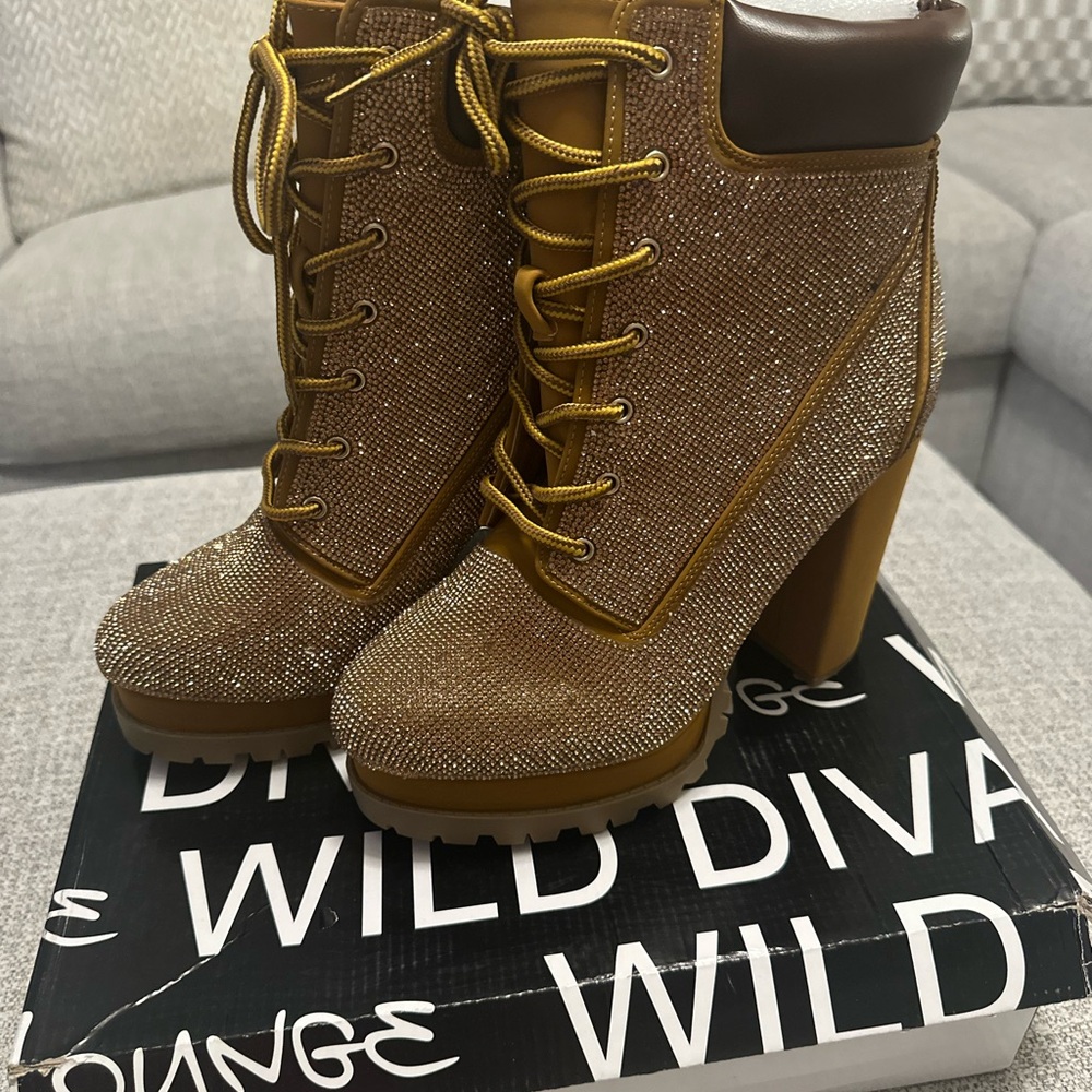 Women's Gold Rhinestone Tan Lace-Up High Heel Booties - Picture 3 of 5
